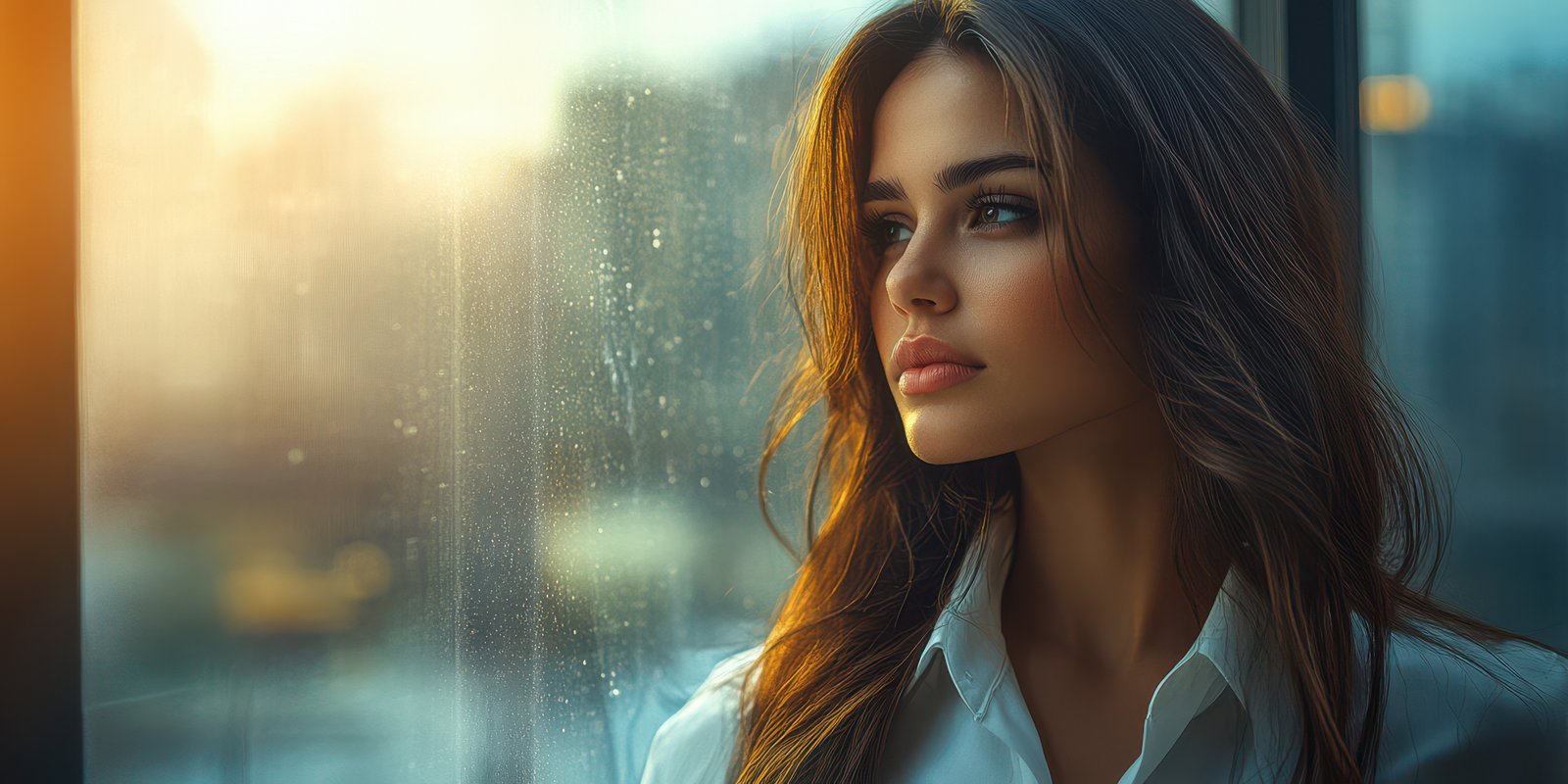 Woman gazing thoughtfully out the window during a sunset in an urban environment